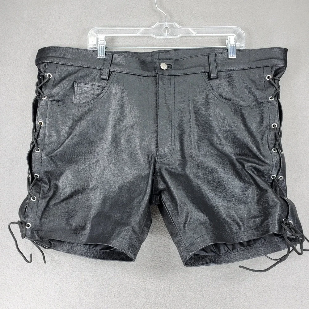 Genuine Leather Biker Shorts Men 42 Black Side Lace Up Moto Rocker Fetish BDSM